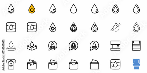 Collection of various water drop icons and water related symbols in a grid layout with simple designs