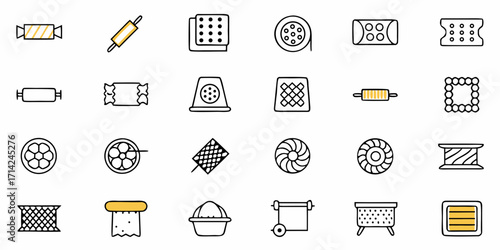 Collection of line art icons featuring sewing and baking tools arranged in a grid pattern design style