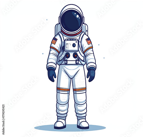 A solitary astronaut stands firmly on a rocky, alien landscape, gazing into the vast expanse of space. The suit is sleek and reflective, with subtle details like patches, tubing, and a helmet visor