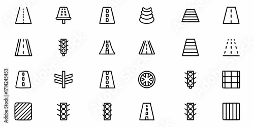 Illustration of various road traffic elements including roads, traffic lights and road signs icons set