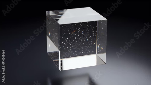 A transparent glass cube with internal inclusions, isolated on a dark gradient background.