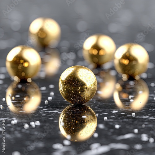 Golden Metallic Spheres Piled on Reflective Dark Gray Surface with Bokeh Lighting Background Shiny Gold Orbs Arrangement Abstract Geometric Shapes Glittering Surface