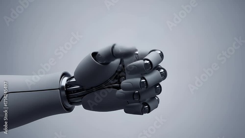 A robotic arm and hand, with fingers intertwined in a gesture of contemplation or anxiety, against a plain background.