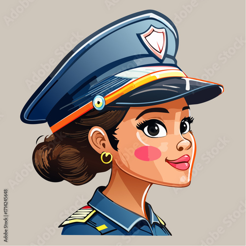 Charming cartoon portrait of a smiling woman in a professional uniform, embodying public service and authority with an approachable expression, highlighting community dedication