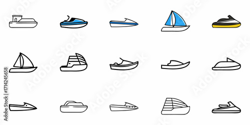 Collection of fifteen different types of boats including sailboats jet skis and various motorboats