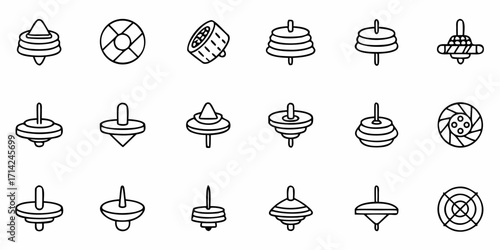 Collection of various spinning top toys and a ring toy in black outline on a white background display design