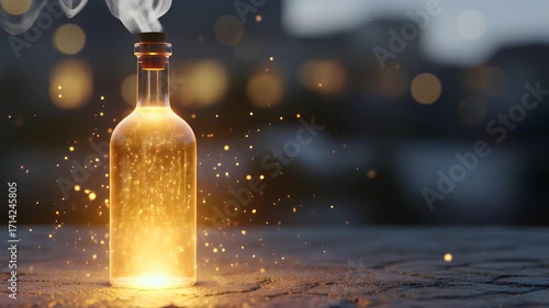 Glowing Bottle with Magic Sparks and Smoke Fantasy, Mystery, Enchantment