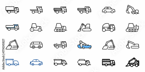 Outline icons showing various types of vehicles including trucks, excavators, cars, and construction machinery