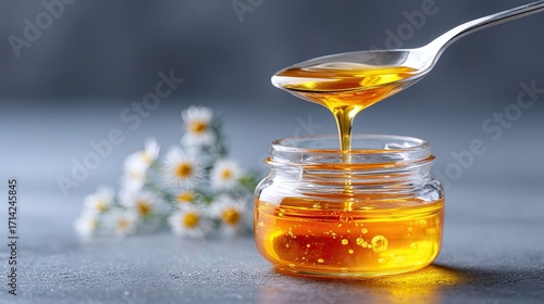 Golden Olive Oil Dripping from Spoon into Glass Jar on Gray Background with Chamomile Flowers
