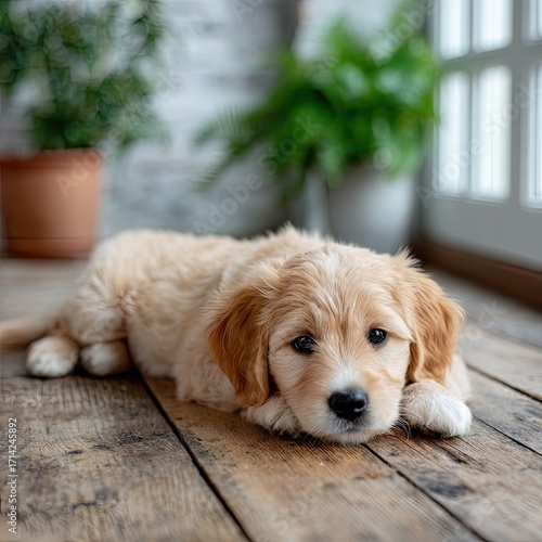 Golden Puppy Lying on Wooden Floor with Potted Plants and Natural Light