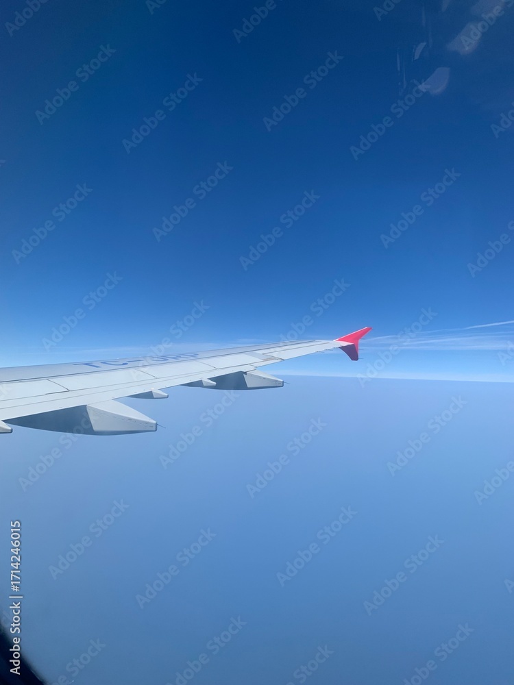 Fototapeta premium Stunning photo of airplane wing, clouds, and snowy mountains from above. Perfect for travel blogs, aviation themes, and winter adventure designs.