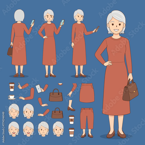 Casual middle aged woman wearing dress. Character constructor for animation. Front, side and back view set. Body parts, postures, poses collection. Vector illustration.