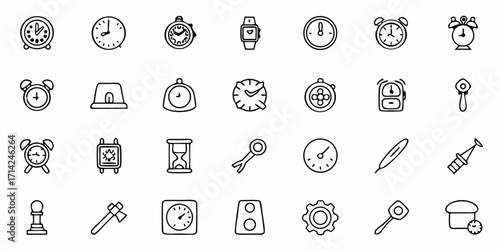 Collection of various timekeeping devices and assorted objects in doodle style line art format