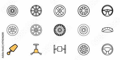 Illustration of various car parts including wheels steering wheels and suspension components in outline style