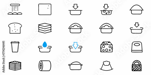 Collection of various food related line art icons depicting bread cheese and other kitchen items displayed