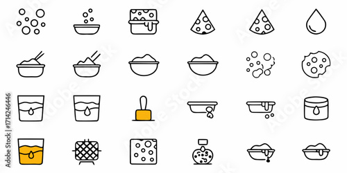 Illustration showcasing various food related icons including cheese water and bowl representations in a grid