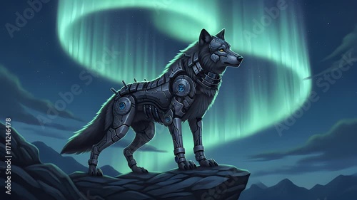 Cybernetic Wolf Under Aurora Borealis Futuristic Fantasy Art