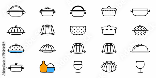 Illustration of various kitchenware items including pots bowls and wine glasses arranged in a grid pattern