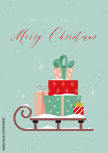 Merry Christmas Greeting Card. Sleigh with Christmas gifts. Winter holiday season. Yew year event. Flat vector illustration.	