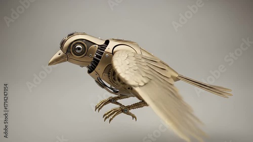Golden Mechanical Bird in Flight 3D Render of a Robotic Avian
