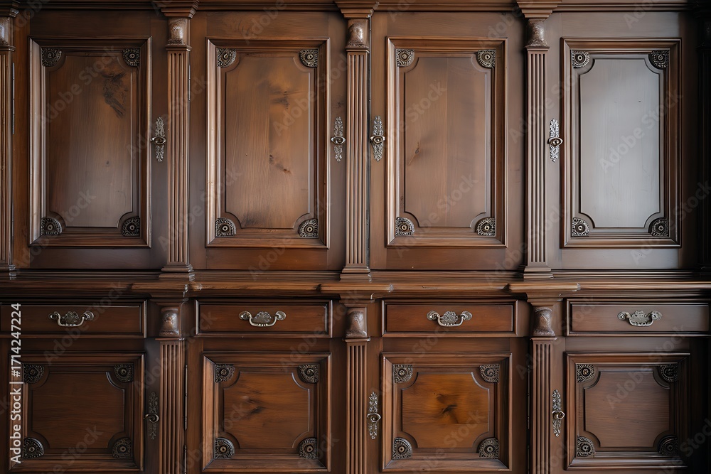 Fototapeta premium Magnificent Antique Wooden Cabinet, Exquisitely Crafted with Intricate Details and Rich Dark Wood Finish.
