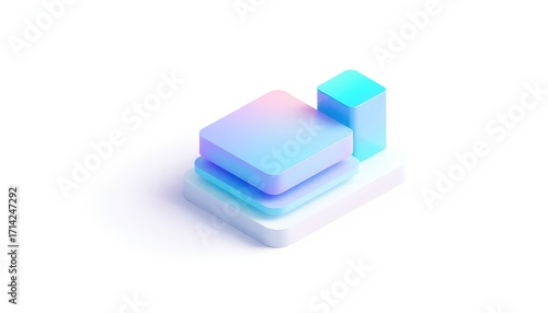 Stacked geometric forms with pastel iridescent gradient on a white background, abstract illustration for design concepts