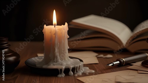Lit Candle, Quill Pen, and Open Book Still Life Photography for Writers, Authors, History Buffs