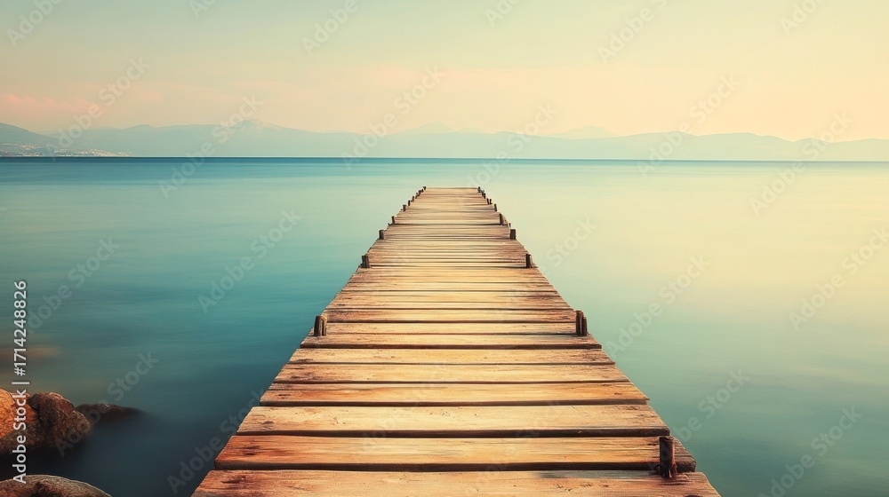 Fototapeta premium Wooden pier extending into tranquil lake, sunrise or sunset
