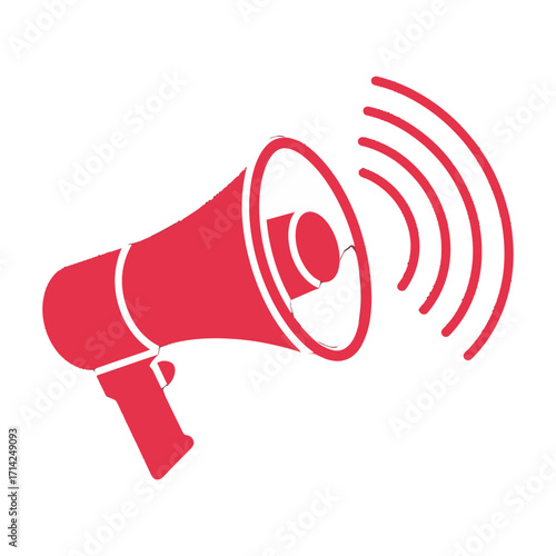 Red megaphone broadcasting sound waves, symbolizing announcement and communication.