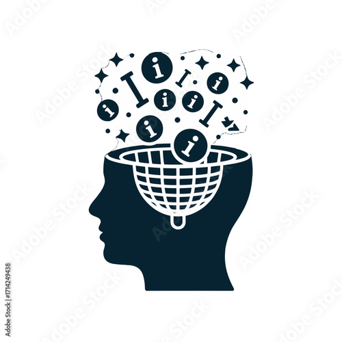 Information overload concept, a head silhouette with data filtering into the mind