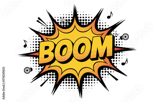 Explosive comic book sound effect 'BOOM' with musical notes and halftone dots