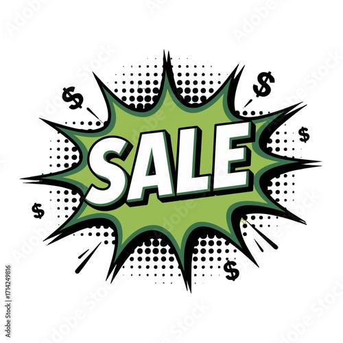 Exciting comic book style sale explosion with dollar signs, perfect for advertising discounts.