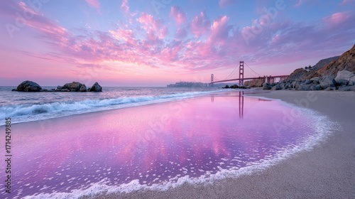 Golden Gate Bridge Reflected on Sandy Beach at Sunset in San Francisco with Pink Purple Clouds and Ocean Waves Reflecting Sky Colors