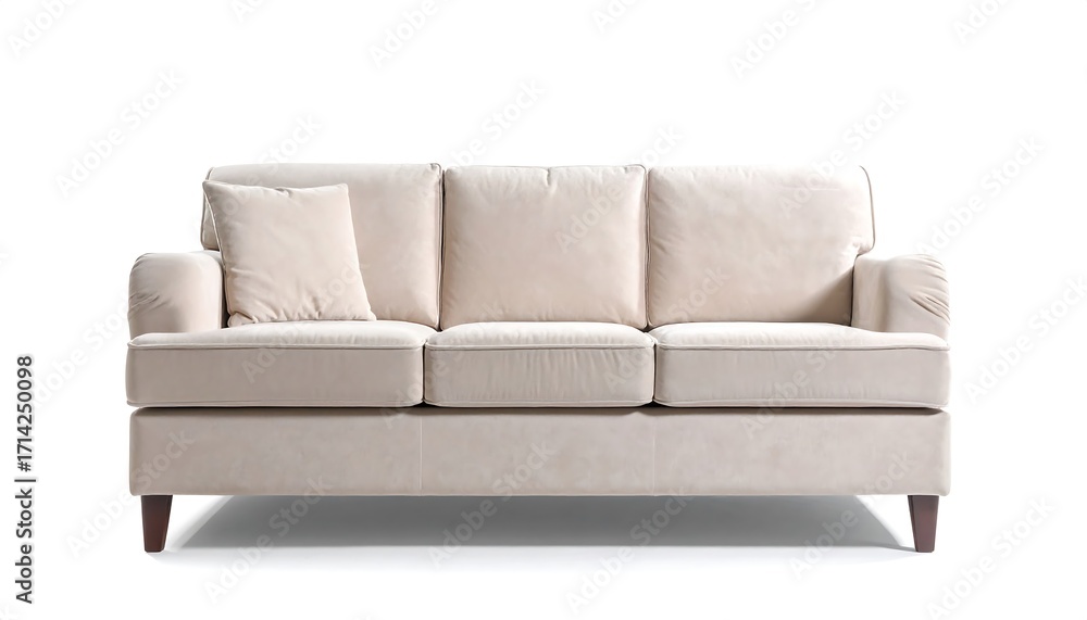 Obraz premium Beige three-seat sofa against white background