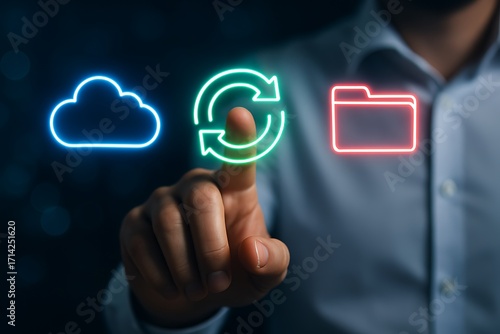 Cloud data synchronization for efficient digital management. Hand touches refresh icon, symbolizing secure online data for future business technology