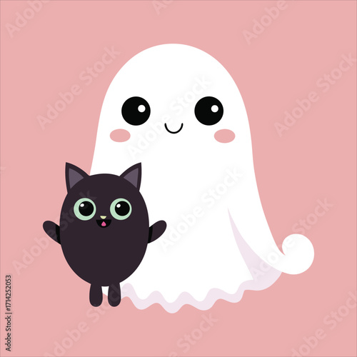 Cute Ghost with Black Cat Kawaii Halloween
