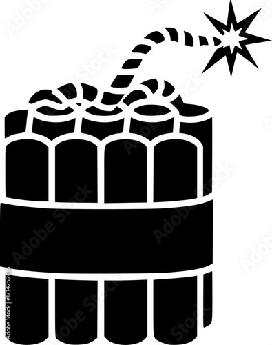 Pack of dynamite with lit fuse flat vector icon for games and websites. Vector black silhouette. with white background

