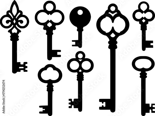 Antique key Vector Black silhouettes. Medieval and modern keys, vintage shapes set. Open door symbols, privacy and escape. Abstract tidy elements. with white background