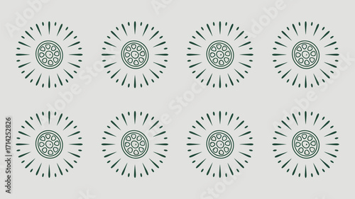 Pattern of eight circular shapes with radiating lines on a light background in a symmetrical arrangement