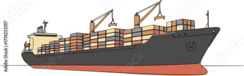 One continuous line drawing of a cargo ship is preparing to unload its cargo at the port vector illustration. Sea transportation design concept. Vector black silhouette. with white background