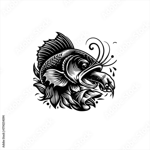 Intense black and white illustration of a fish catching prey