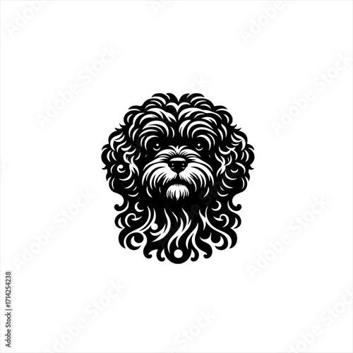 Stylized black and white portrait of a curly haired dog