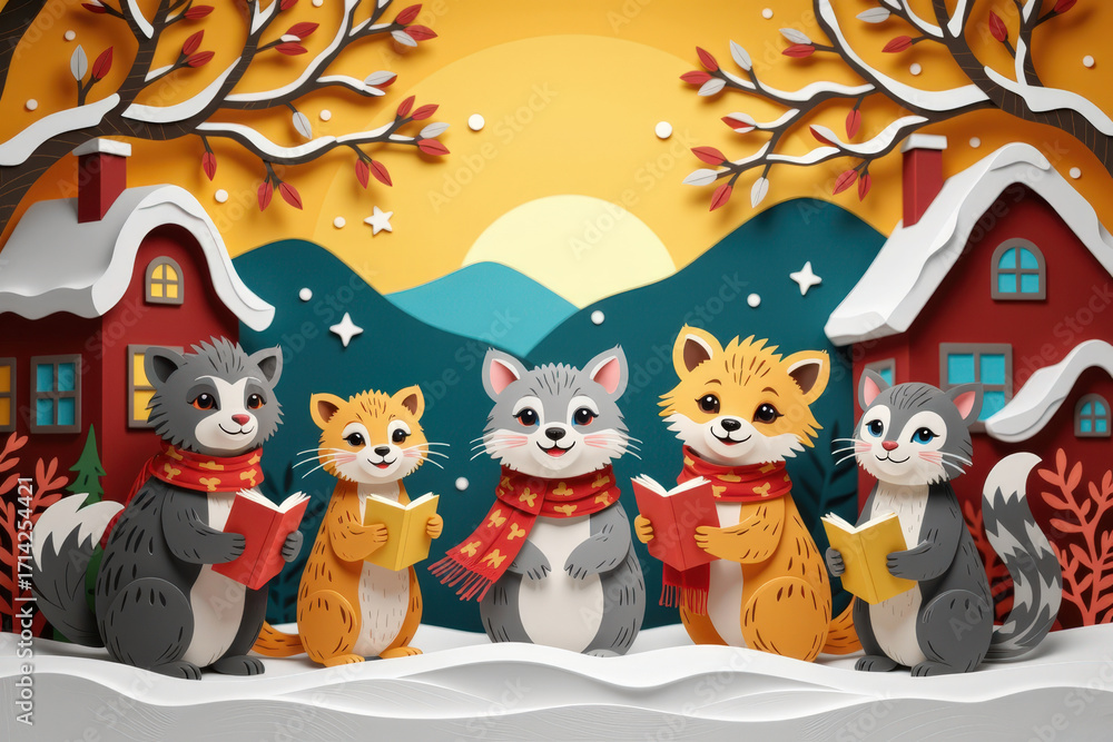 Obraz premium Paper cut, paper art for festive Christmas decoration holiday. Charming woodland animals sing together in a snowy landscape, surrounded by colorful houses and mountains under a warm sunset.