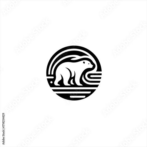 Stylized polar bear in a circular emblem with abstract landscape elements