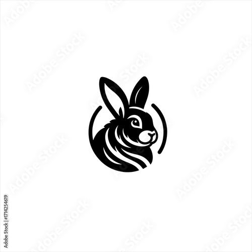 Stylized black rabbit head logo inside a circle emblem