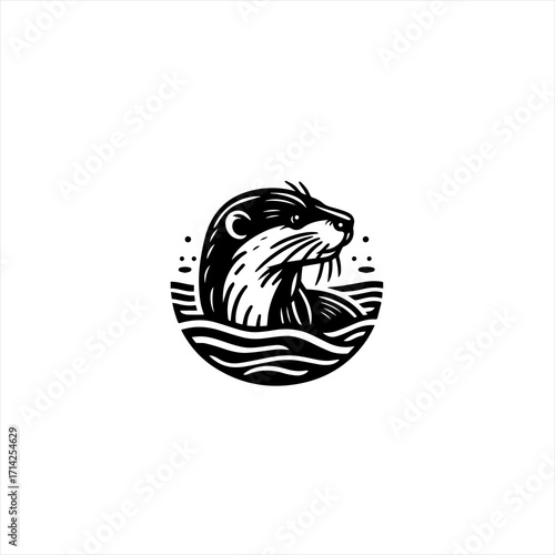 Black and white illustration of an otter in water