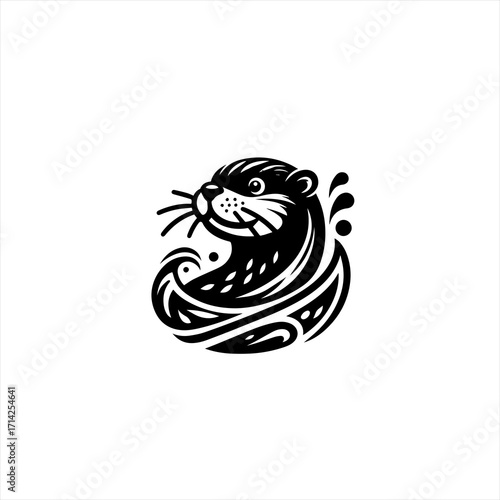 Stylized black and white otter illustration with water elements
