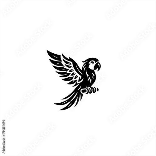Stylized black silhouette of a macaw parrot perched on a branch