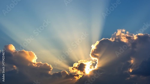 Sunbeams Piercing Through Clouds Over Blue Sky — Serene Light Rays Nature Scene (4K)