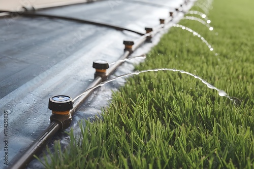 Efficient Drip Irrigation System for Lush Green Lawns:  A Close-up View of Water-Saving Technology in Action.